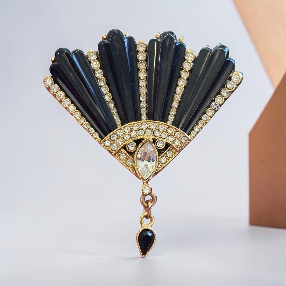 Art Deco Fan Brooch 1928 Jewelry Black Enamel Rhinestone Dangle Pin
